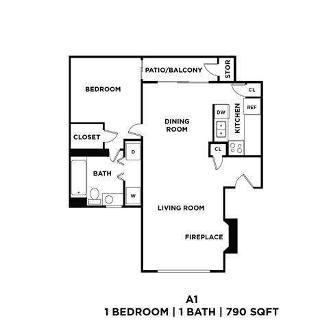 A black and white diagram of a one bedroom apartment.